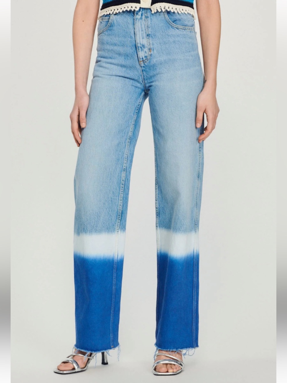 SANDRO Paris Tie Dyed Straight Leg Jeans Light Wash Blue Dip Dye US 2 (34)